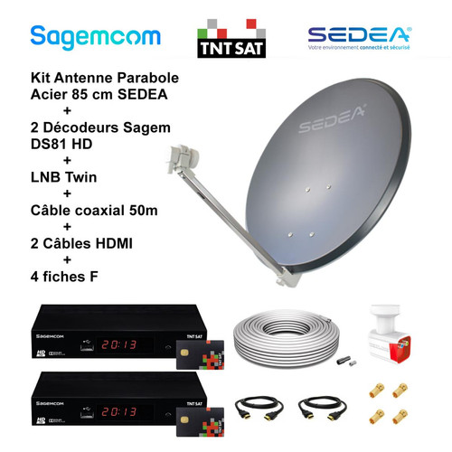 Sedea - Kit Antenne Parabole Acier 85 cm 38,2 dB Anthracite SEDEA + LNB Twin 0,1 dB Full HD 4K Ultra HD + 2 Décodeurs Sagem DS81 HD TNTSAT + Câble coaxial 50m + 2 Câbles HDMI + 4 fiches F - Sedea