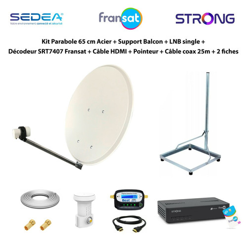 Sedea - Kit Parabole 65cm Acier + Support Balcon + LNB Single + Décodeur SRT7407 Fransat + Câble HDMI + Pointeur + Câble Coax 25m + 2 fiches Sedea  - Sedea