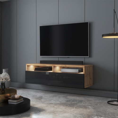 Selsey - Meuble TV - REDNAW - 100 cm - chêne wotan / noir brillant - avec LED - Meubles TV, Hi-Fi Rectangulaire