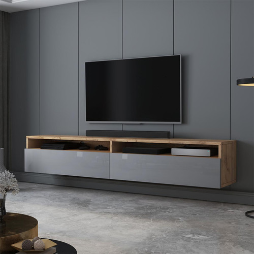Selsey - Meuble TV - REDNAW - 180 cm - chêne wotan / gris brillant - Meubles TV, Hi-Fi Rectangulaire
