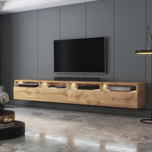 Selsey - Meuble TV - REDNAW - 200 cm - chêne wotan - avec LED - Meubles TV, Hi-Fi Rectangulaire