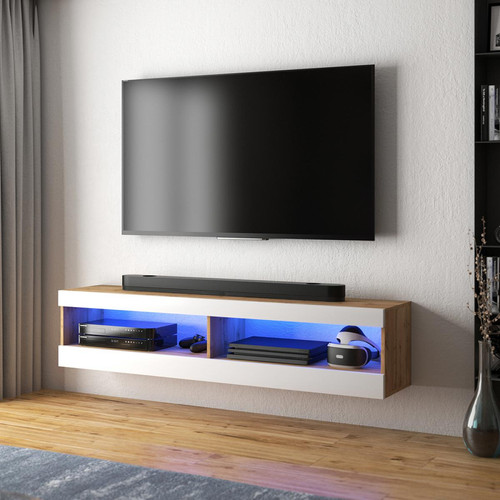 Selsey - Meuble tv - VIANSOLA - 100 cm - chêne lancaster / blanc brillant - éclairage LED - Meubles TV, Hi-Fi Rectangulaire