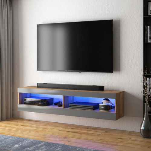 Selsey - Meuble tv - VIANSOLA - 100 cm - chêne lancaster / gris brillant - éclairage LED - Meubles TV, Hi-Fi Rectangulaire