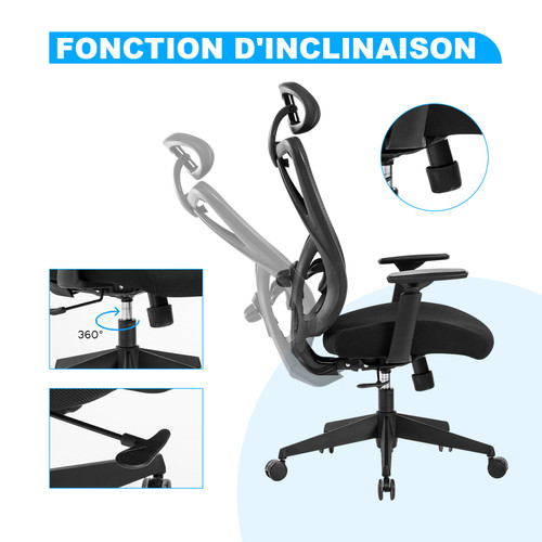 SEVEN COMFORT Chaise de bureau ergonomique avec appui-tête, accoudoirs 3D, soutien lombaire réglables, fauteuil de bureau pour télétravail pivotant à haut dossier confortable,noir