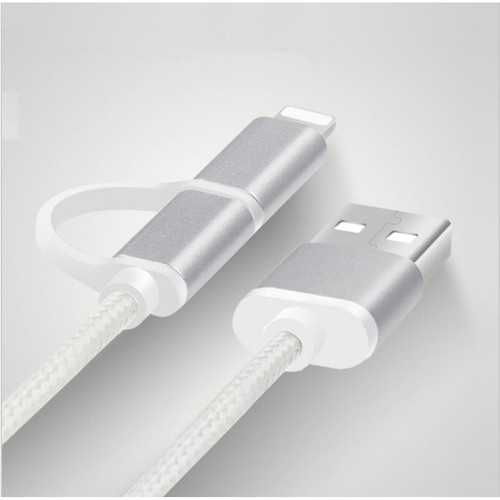 Shot - Cable 2 en 1 pour "IPHONE 12 Pro" Adaptateur Micro USB Lightning 1m Metal Nylon ARGENT - Câble Lightning