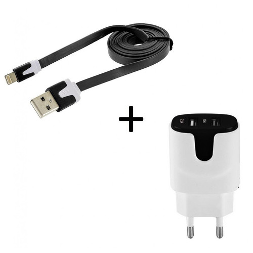 Shot - Pack Chargeur pour IPHONE 11 Pro Smartphone Micro USB (Cable Noodle 1m Chargeur + Double Prise Secteur Couleur USB) (NOIR) Shot  - Accessoire Smartphone