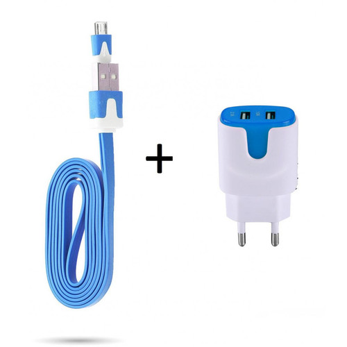 Shot - Pack Chargeur pour WIKO View 4 Lite Smartphone Micro USB (Cable Noodle 1m Chargeur + Double Prise Secteur Couleur USB) (BLEU) Shot  - Accessoire Smartphone