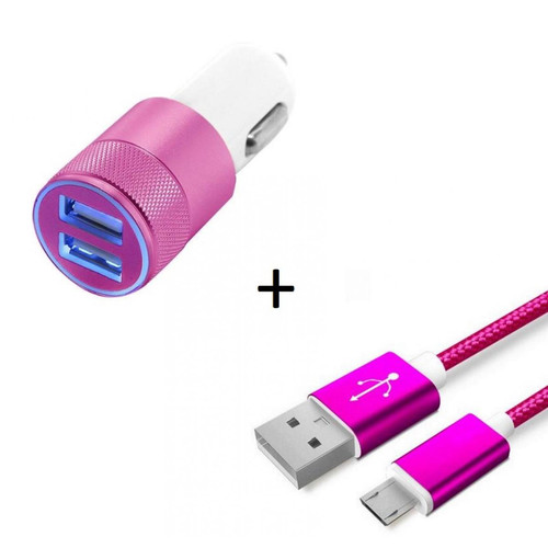 Shot - Pack Chargeur Voiture pour ALCATEL 1 2019 Smartphone Micro USB (Cable Metal Nylon + Double Adaptateur Allume Cigare) (ROSE) Shot  - Chargeur Voiture 12V