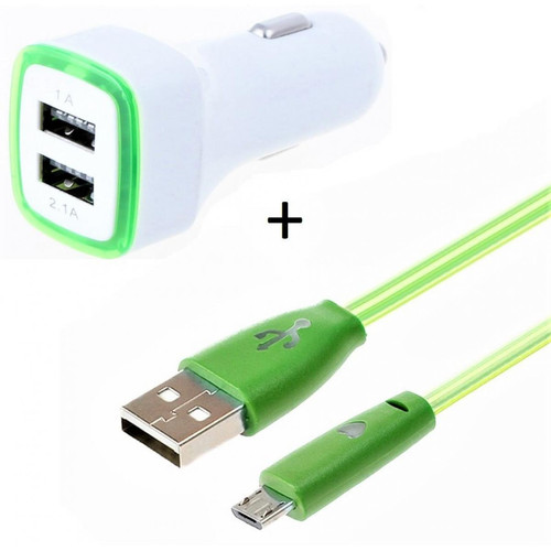 Shot - Pack Chargeur Voiture pour ALCATEL 1 2019 Smartphone Micro USB (Cable Smiley + Double Adaptateur LED Allume Cigare) (VERT) Shot  - Chargeur Voiture 12V