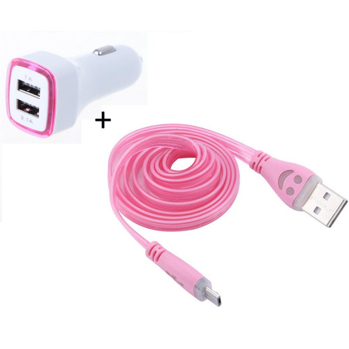 Shot - Pack Chargeur Voiture pour ALCATEL 1B Smartphone Micro USB (Cable Smiley + Double Adaptateur LED Allume Cigare) (ROSE) Shot  - Chargeur allume cigare Chargeur Voiture 12V
