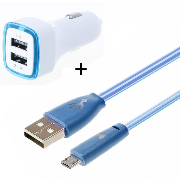 Chargeur Voiture 12V Shot Pack Chargeur Voiture pour HUAWEI P smart 2019 Smartphone Micro USB (Cable Smiley + Double Adaptateur LED Allume Cigare) (BLEU)