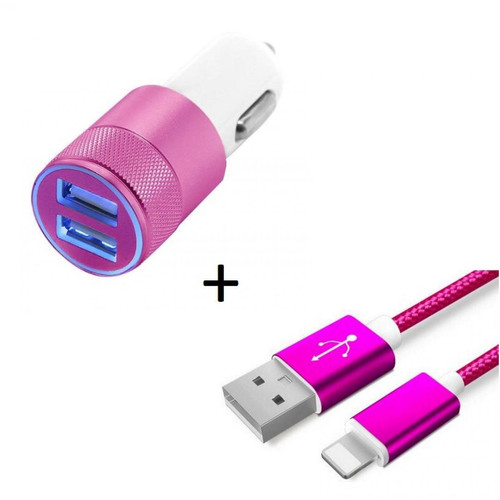 Chargeur Voiture 12V Shot Pack Chargeur Voiture pour IPHONE SE 2020 Lightning (Cable Metal Nylon + Double Adaptateur Prise Allume Cigare) APPLE (ROSE)