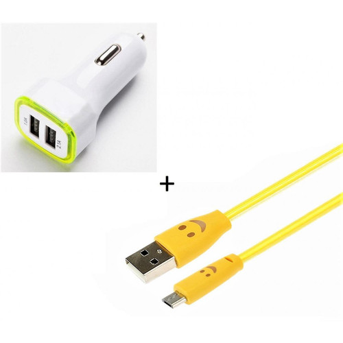 Shot - Pack Chargeur Voiture pour "SAMSUNG Galaxy A01" Smartphone Micro USB (Cable Smiley + Double Adaptateur LED Allume Cigare) (JAUNE) Shot  - Chargeur allume cigare Chargeur Voiture 12V