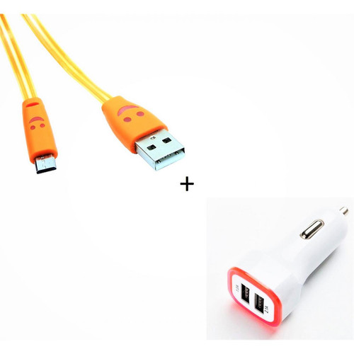 Shot - Pack Chargeur Voiture pour "SAMSUNG Galaxy A01" Smartphone Micro USB (Cable Smiley + Double Adaptateur LED Allume Cigare) (ORANGE) Shot  - Chargeur Voiture 12V