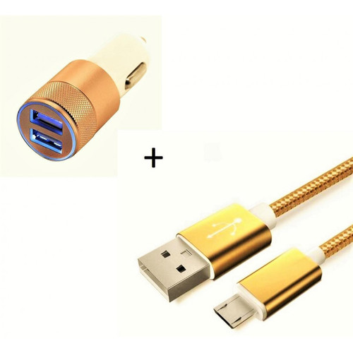 Shot - Pack Chargeur Voiture pour SAMSUNG Galaxy J6+ Smartphone Micro USB (Cable Metal Nylon + Double Adaptateur Allume Cigare) (OR) Shot  - Chargeur allume cigare Chargeur Voiture 12V