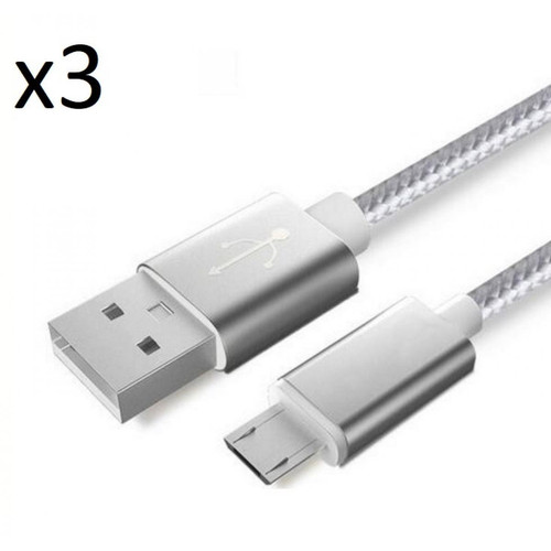 Chargeur secteur téléphone Shot Pack de 3 Cables Metal Nylon Micro USB pour Ultimate Ears WONDERBOOM 2 Smartphone Android Chargeur (ARGENT)