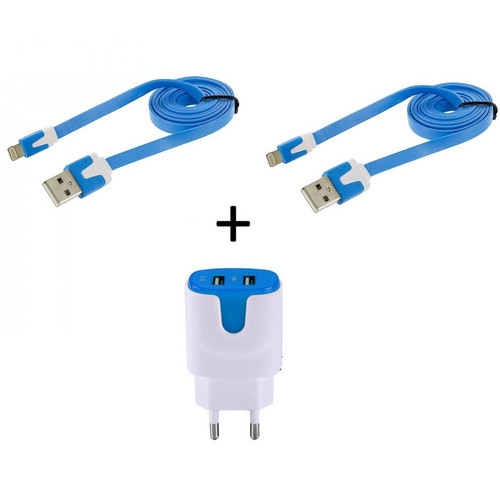 Shot - Pack pour IPHONE SE 2020 Lightning (2 Cables Chargeur Noodle + Double Prise Couleur Secteur) APPLE IOS (BLEU) Shot  - Shot