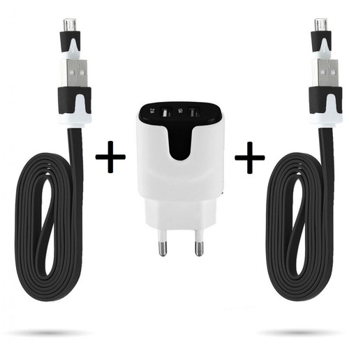 Shot - Pack pour "XIAOMI Redmi 9C" Micro USB (2 Cables Chargeur Noodle + Double Prise Couleur Secteur) Android (NOIR) Shot  - Chargeur secteur téléphone