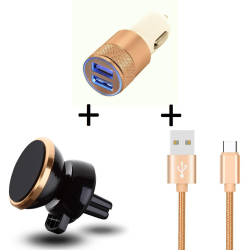 Support et Bras Shot Pack Voiture pour SAMSUNG Galaxy A80 (Cable Chargeur Metal Type C + Double Adaptateur Allume Cigare + Support Magnetique) (OR)