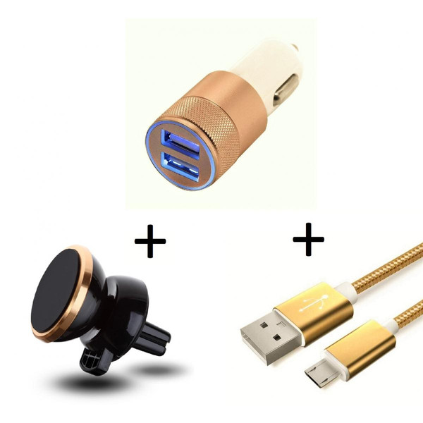 Support et Bras Shot Pack Voiture pour WIKO Y80 (Cable Chargeur Metal Micro USB + Double Adaptateur Allume Cigare + Support Magneti (OR)