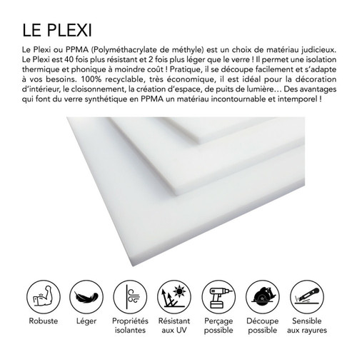Signaletique Biz Plaque Plexigglas blanc 2 mm ou 4 mm. Feuille de verre acrylique. Plexigglas Blanc. Verre synthétique. Plaque PMMA XT. Plexigglas extrudé - 50 x 120 cm (500 x 1200 mm) - 4 mm