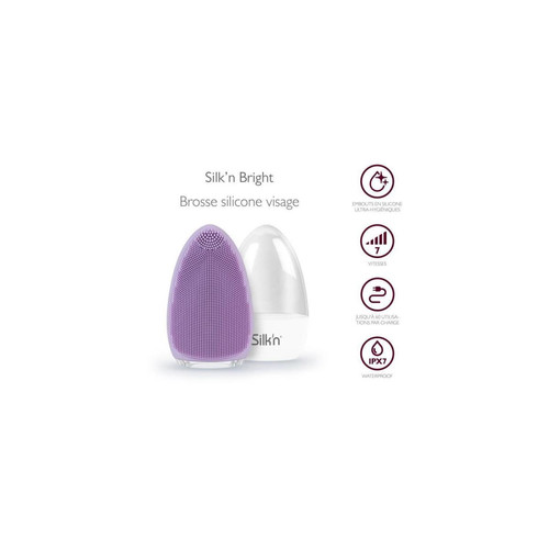 SILK'N - Silk'n BRIGHT parme - Brosse visage silicone - Etui de rangement - Rechargeable - hypoallergénique - Appareil massage visage