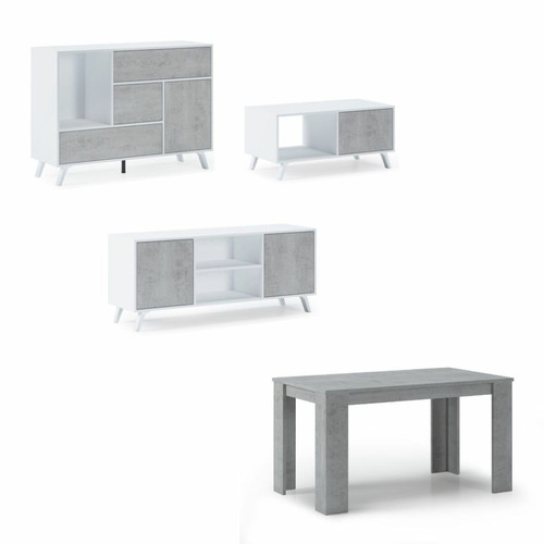 Séjours complets Skraut Home Ensemble Wind, Buffet-Meuble TV-Table centrale-Table fixe, Structure Blanc, portes et tiroirs Ciment