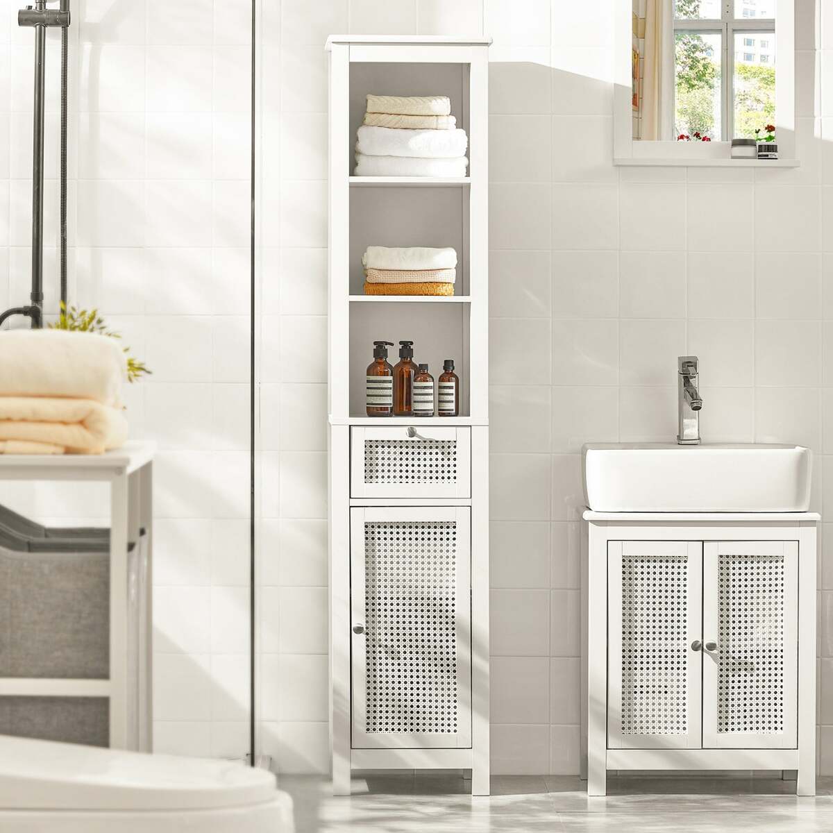 sobuy bzr36-w meuble colonne de salle de bain armoire haute placard de rangement avec 1 porte, 1 tiroir et 3 étagères