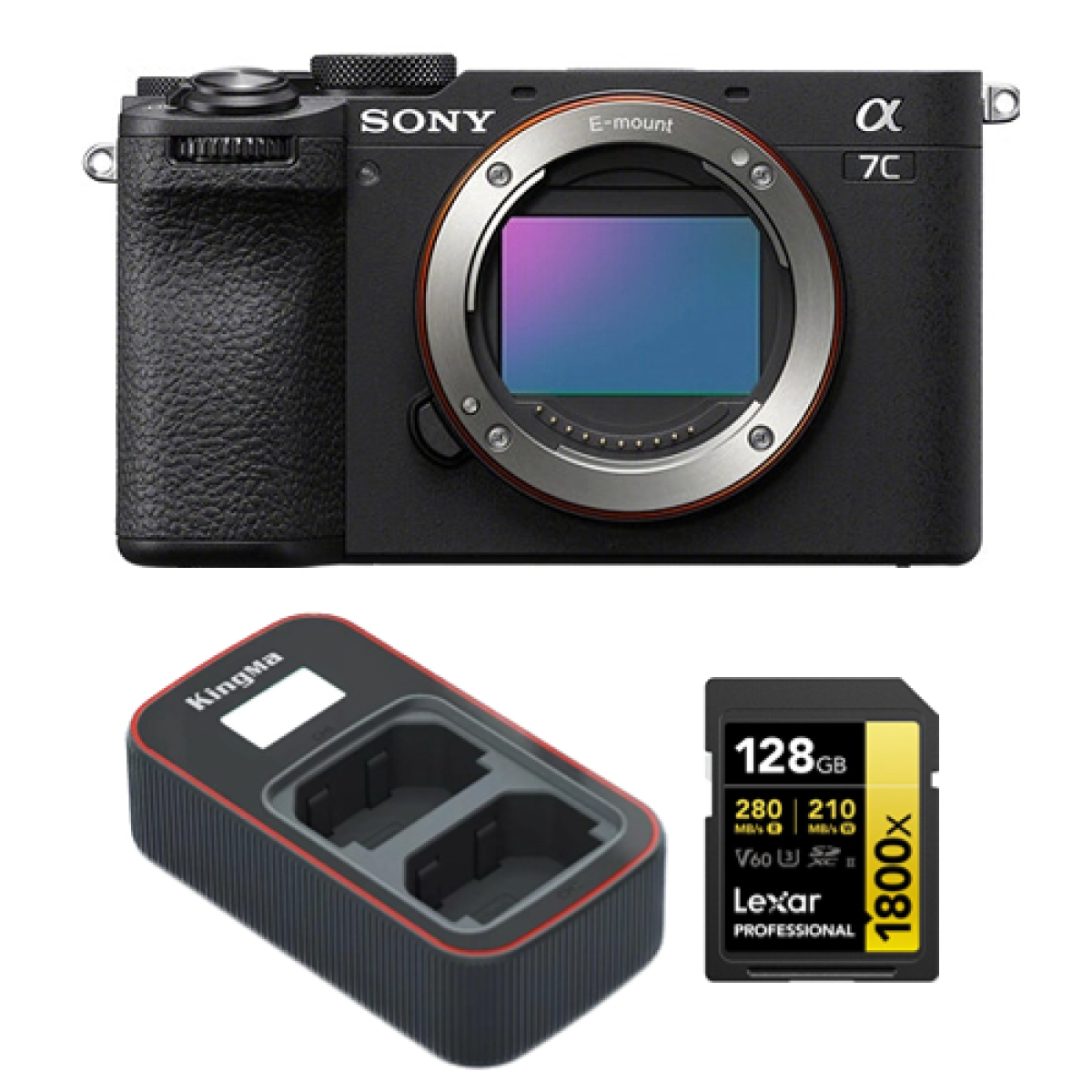 Sony Alpha A7C II Body Noir Boîtier +Lexar 128GB Professional 1800x UHS-II SDXC Memory Card + Kingma Sony NP-FZ100 LCD Dual USB charger