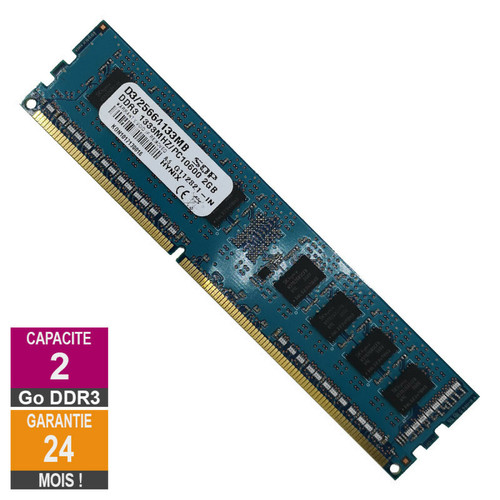 Sqp - Barrette Mémoire 2Go RAM DDR3 SQP D3/25664133MB DIMM PC3-10600U 1333MHz 1Rx8 Sqp  - Memoire pc reconditionnée