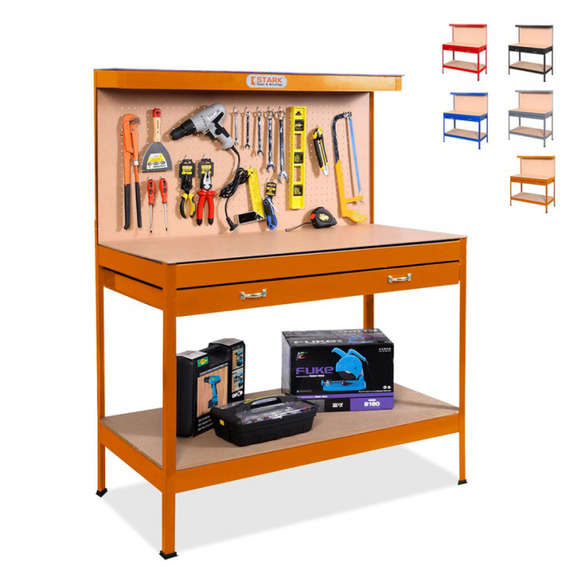 Stark - Ensemble établi et râtelier avec tiroir pour garage atelier Max  120x60x150 cm, Couleur: Orange - Boîtes à outils - Rue du Commerce