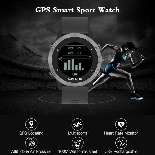 SUNROAD GPS Sports Watch T5 Silicone Strap, noir