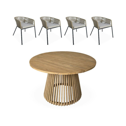 sweeek - Table à manger bois ronde+ 4 chaises beige I sweeek sweeek  - Table ronde 4 chaises