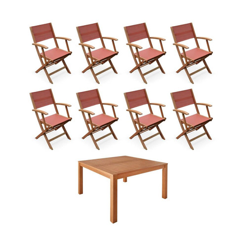 sweeek - Table de jardin carrée, bois + 8 fauteuils terracotta I sweeek sweeek  - Parasol table