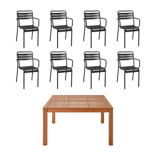sweeek - Table de jardin bois + 8 fauteuils anthracite I sweeek sweeek  - Parasol table