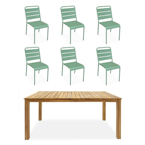 sweeek - Table bois d'acacia + 6 chaises empilables vert jade I sweeek sweeek  - Ensemble table et chaise d interieur
