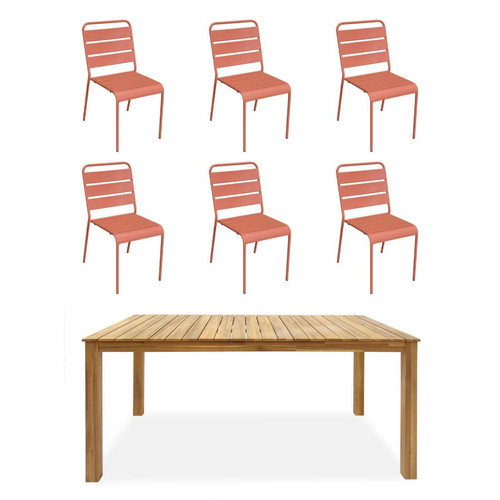 sweeek - Table bois d'acacia + 6 chaises empilables rose I sweeek sweeek  - Ensemble table et chaise d interieur