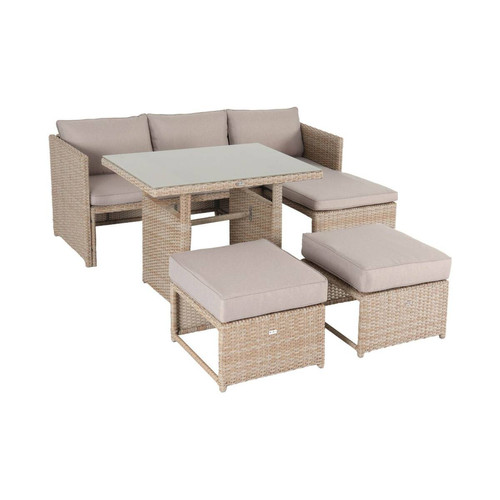 Ensembles tables et chaises sweeek Salon de jardin 6 places - Reggiano - Naturel / beige, table de jardin canapé, méridienne, 2 poufs encastrables | sweeek