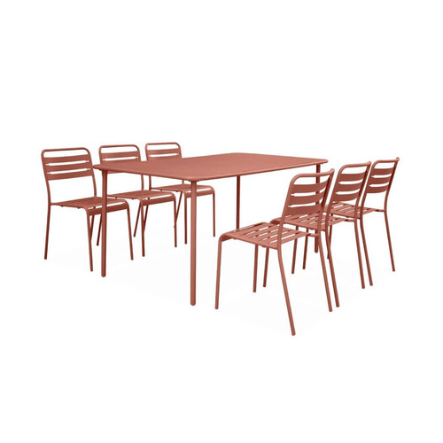 sweeek - Table de jardin en métal terracotta + 6 chaises  | sweeek sweeek  - Salon de jardin résine tressée gris Mobilier de jardin