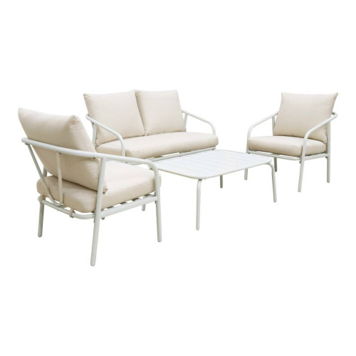 sweeek - Salon de jardin métal 4 places blanc, coussins beige I sweeek sweeek  - Ensembles canapés et fauteuils
