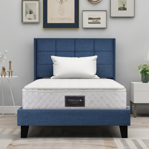 Sweiko - Lit adulte capitonné Tête de lit haute Design moderne 90x200 cm, lin bleu (avec matelas à ressorts) - Lit enfant Bleu, rouge, vert