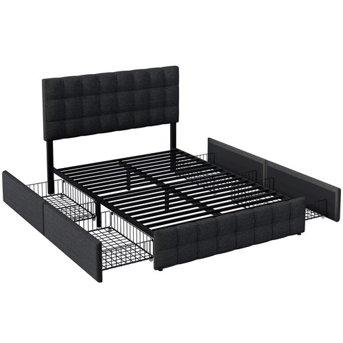 Sweiko - Lit pour adultes avec 4 tiroirs Lit de rangement à sommier à lattes Tête de lit réglable en hauteur Lin noir 140x200 cm (sans matelas) - Cadres de lit Noir