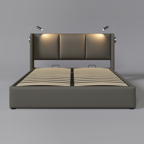 Sweiko - Lit capitonné lit de rangement tiroirs liseuse avec fonction de chargement USB tête de lit, cadre de lit de rangement lit jeune en PU 140x200 (sans matelas) Sweiko  - Cadres de lit Gris