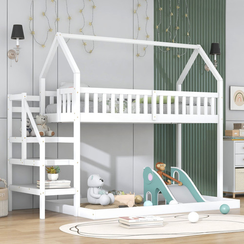 Lits d'appoint Lit superposé pour enfants 90x200 cm Lit de maison avec escalier, cadre en pin avec garde-corps anti-chute blanc