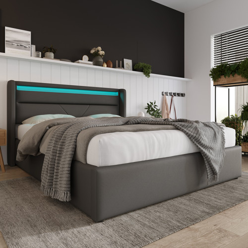 Literie de relaxation Sweiko Lit LED double 140x190 cm avec sommier, tête de lit confortable, lit 1 place revêtement synthétique gris