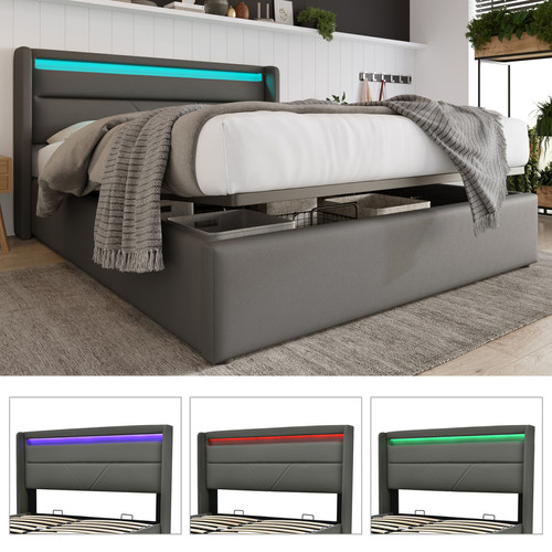 Sweiko Lit LED double 140x190 cm avec sommier, tête de lit confortable, lit 1 place revêtement synthétique gris
