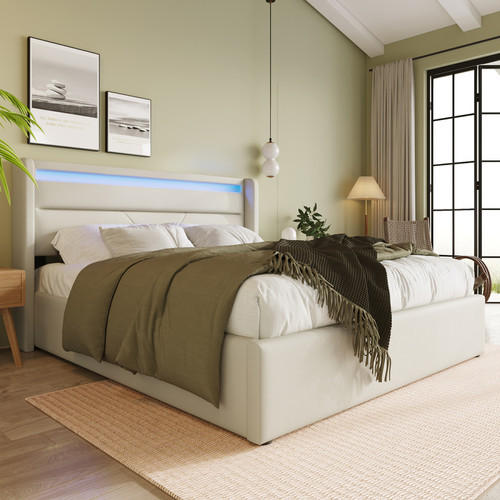 Sweiko -Lit LED double 140x190 cm avec sommier, tête de lit confortable, lit 1 place revêtement synthétique blanc Sweiko  - Literie de relaxation