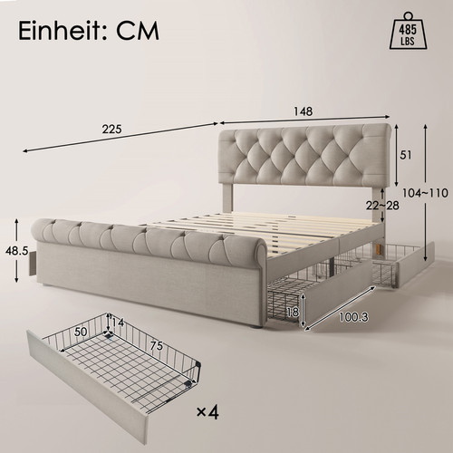 Sweiko Lit adulte Tête de lit réglable en hauteur Lit fonctionnel de rangement Cadre de lit avec 4 tiroirs 140x200 cm (sans matelas)