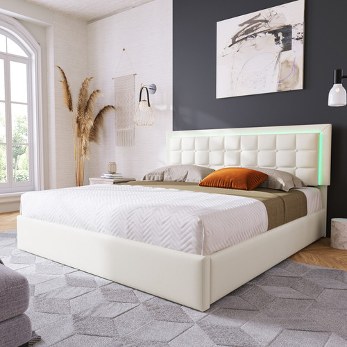 Literie de relaxation Sweiko Lit LED double Cadre de lit avec espace de rangement 180x200 cm Revêtement en simili-cuir Blanc