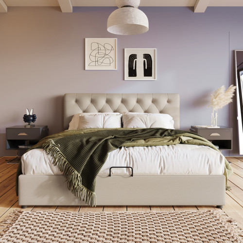 Sweiko - Lit double avec sommier, tête de lit confortable et réglable avec rangement Blanc cassé 140x200 cm Sweiko   - Literie